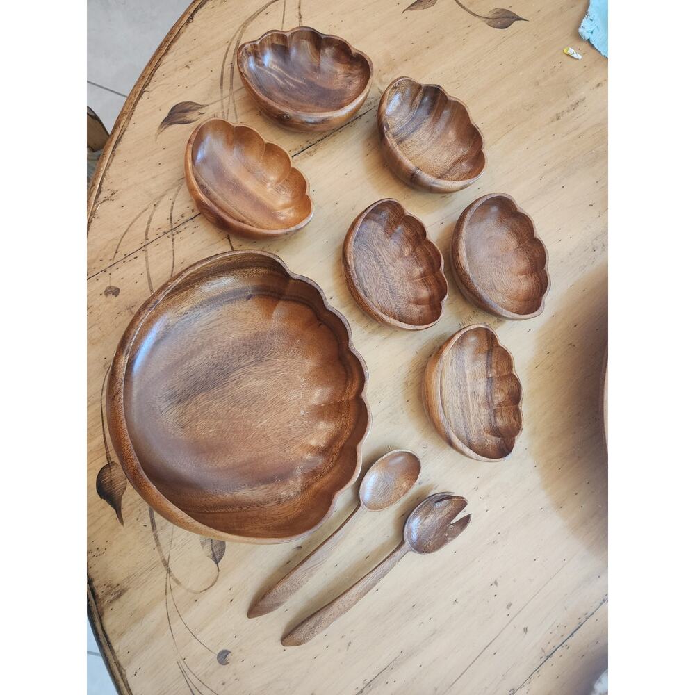 Wooden Bowl Set - 9 Piece Vintage Alii Woods Hawaiian Monkey Pod Salad Bowl Set
